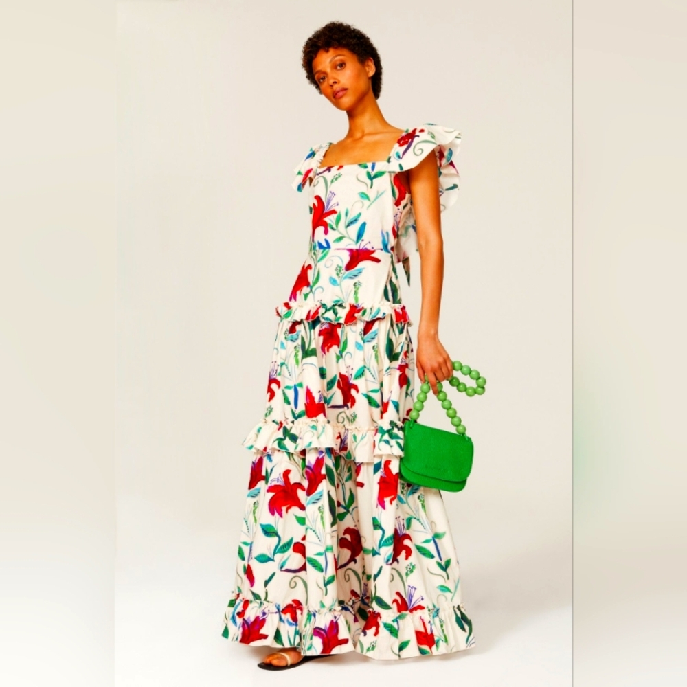LA DOUBLEJ Scarlet maxi dress floral tiered ruffle cream multicolor boho M